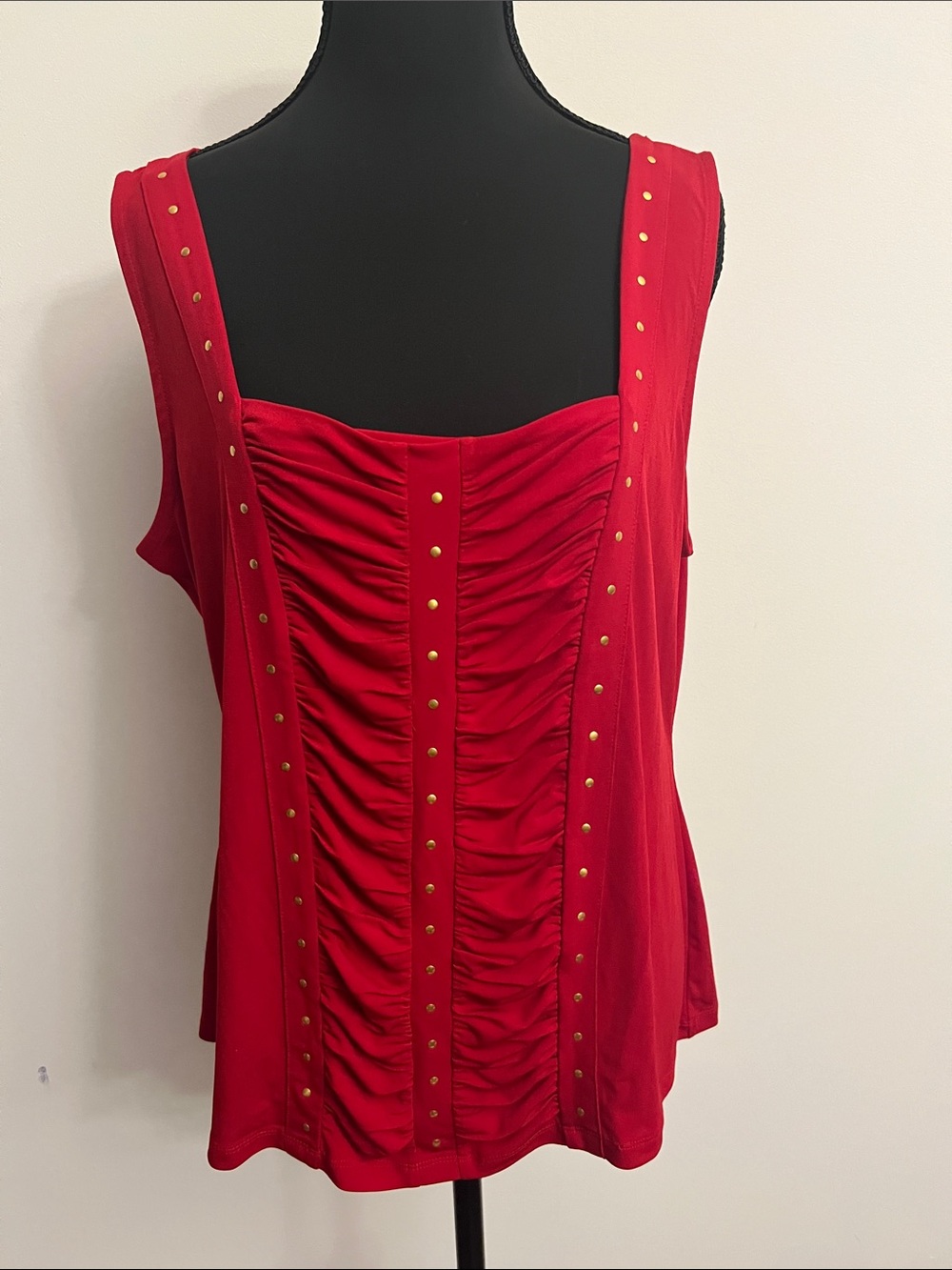 Cache Red Ruched Tank with Gold Stud Trim